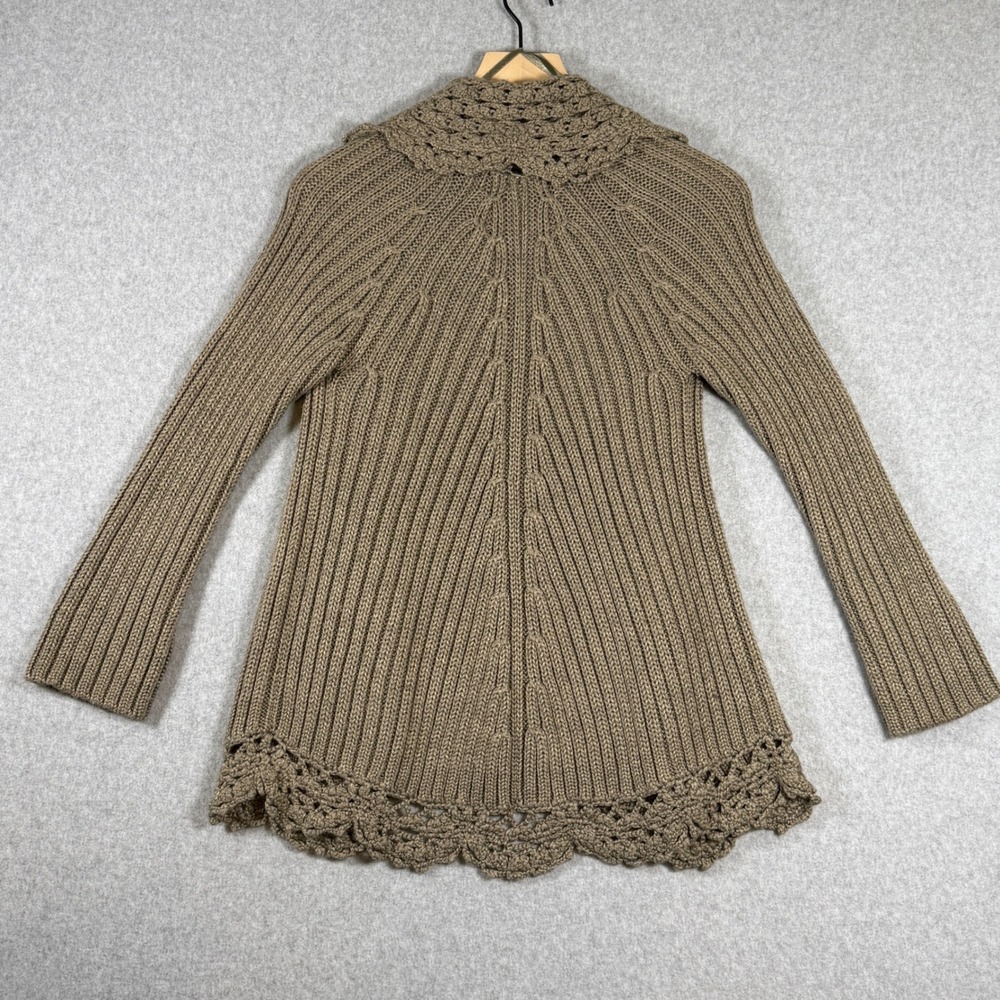 Kenar Cardigan Sweater Taupe Ribbed Crochet Trim Wool Blend Boho Earthy Cozy - Picture 2 of 9